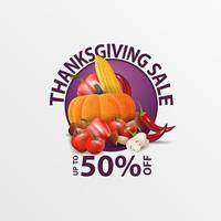Thanksgiving-uitverkoop, tot 50 korting, ronde webbanner met herfstoogst. kortingsbon geïsoleerd op een witte achtergrond voor uw arts vector