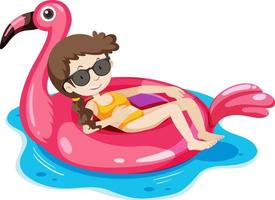 een meisje dat op de flamingo zwemring in het water ligt geïsoleerd vector