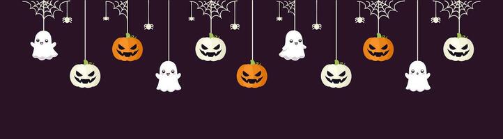 gelukkig halloween grens banier met geest en jack O lantaarn pompoenen hangende van spin webben. bungelend spookachtig ornamenten decoratie vector illustratie, truc of traktatie partij uitnodiging