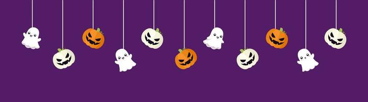 gelukkig halloween grens banier met geest en jack O lantaarn pompoenen hangende van spin webben. bungelend spookachtig ornamenten decoratie vector illustratie, truc of traktatie partij uitnodiging