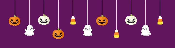 gelukkig halloween grens banier met geest, snoep maïs en jack O lantaarn pompoenen. hangende spookachtig ornamenten decoratie vector illustratie, truc of traktatie partij uitnodiging