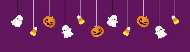 gelukkig halloween grens banier met geest, snoep maïs en jack O lantaarn pompoenen. hangende spookachtig ornamenten decoratie vector illustratie, truc of traktatie partij uitnodiging