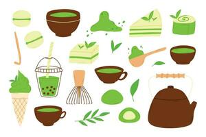 matcha thee. mok met matcha en groen thee bladeren. vector illustratie. natuurlijk groen thee. groen thee set. matcha verzameling.