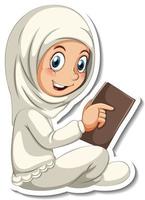 een stickersjabloon met een moslimmeisje dat een stripfiguur uit een boek leest vector