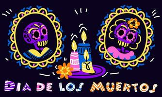 vector ansichtkaart met een illustratie van de Mexicaans vakantie dag van de dood. een ansichtkaart met traditioneel ingelijst familie portretten, kaarsen, bloemen en de opschrift dia de Muertos Aan een blauw