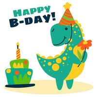 schattig tekenfilm tyrannosaurus in een verjaardag hoed, met een bloem en een taart. een vlak illustratie van een kinderen feestelijk dinosaurus. gelukkig verjaardag concept. vector dier karakter perfect voor groet kaarten