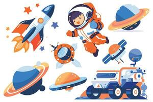 hand- getrokken reeks van astronauten en ruimte voorwerpen in vlak stijl vector