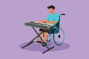 grafisch vlak ontwerp tekening mannetje toetsenist zitten rolstoel spelen elektrisch toetsenbord en zingen een liedje. musical prestatie in ziekenhuis. revalidatie centrum geduldig. tekenfilm stijl vector illustratie