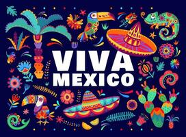 viva Mexico banier met tropisch bloemen, cactussen vector