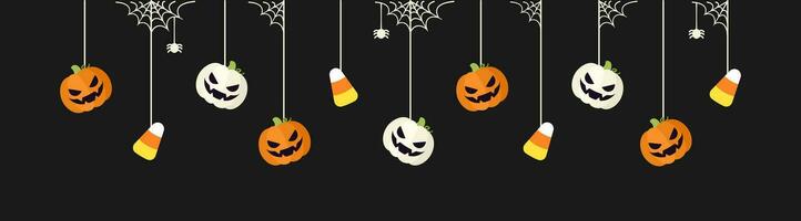 gelukkig halloween grens banier met snoep maïs en jack O lantaarn pompoenen hangende van spin webben. spookachtig ornamenten decoratie vector illustratie, truc of traktatie partij uitnodiging