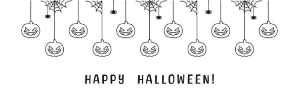 gelukkig halloween banier grens met jack O lantaarn pompoenen hangende van spin webben. spookachtig ornamenten decoratie vector illustratie, truc of traktatie partij uitnodiging