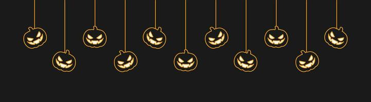 gelukkig halloween banier of grens met gloeiend ogen jack O lantaarn pompoenen. hangende spookachtig ornamenten decoratie vector illustratie, truc of traktatie partij uitnodiging