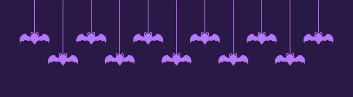gelukkig halloween banier grens met vleermuizen hangende van spin webben. spookachtig ornamenten decoratie vector illustratie, truc of traktatie partij uitnodiging