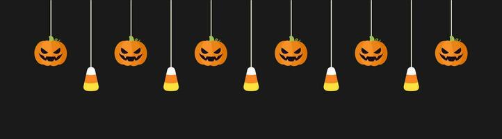 gelukkig halloween grens banier met snoep maïs en jack O lantaarn pompoenen hangende van spin webben. spookachtig ornamenten decoratie vector illustratie, truc of traktatie partij uitnodiging