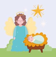 kerststal, schattige baby jezus engel en sterren cartoon vector