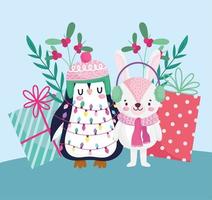 vrolijk kerstfeest, schattige pinguïn- en konijnenlichtgeschenken en hulstbessencartoon vector