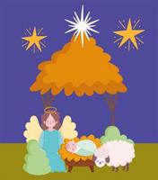 kerststal, schattige baby jezus engel en lam cartoon vector