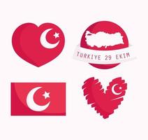 turkije republiek dag, stel wold kaart hart en vlag pictogrammen in vector