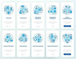 precisie geneeskunde blauw onboarding mobiel app schermen set. walkthrough 5 stappen bewerkbare grafisch instructies met lineair concepten. ui, ux, gui sjabloon vector