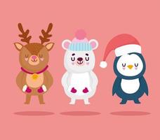 vrolijk kerstfeest, schattige beer pinguïn rendier dieren viering kaart vector