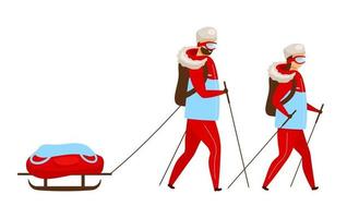 trekking team egale kleur vectorillustratie. backpackers met slee nordic walking. ontdekkingsreizigers wandelen. arctische expeditiegroep. vrouw en man geïsoleerd stripfiguur op witte achtergrond vector