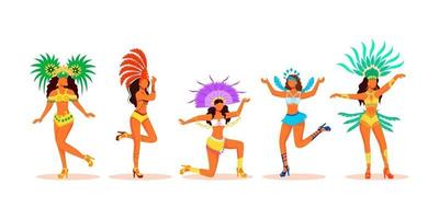 brazilië carnaval dansers egale kleur vector gezichtsloze tekens set. latino dames in carnavalskostuums. vrouwen in feestelijke outfits met flambotante hoofdtooien cartoon illustraties op witte achtergrond