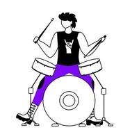 drummer platte contour vectorillustratie. drum speler. musicus. lid van de punkmuziekband. rock-'n-roll. man met muziekinstrument. optreden. geïsoleerde stripfiguur omtrek op wit. eenvoudige tekening vector