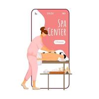 spa centrum cartoon smartphone vector app scherm. mobiele telefoon display met masseuse flat character design mockup. verwennerij, huidbehandeling. schoonheidssalon applicatie telefoon interface