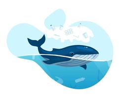 walvis in de oceaan met plastic afval plat concept icoon. probleem van zeewatervervuiling. zeedier gevangen in plastic vuilnissticker, clipart. geïsoleerde cartoon afbeelding op witte achtergrond vector