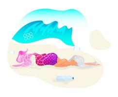 zeemeermin gevangen in visnet platte concept icoon. dood fantasieschepsel op strandsticker, clipart. plasticvervuiling in oceaanprobleem. schade aan de natuur. geïsoleerde cartoon afbeelding op witte achtergrond vector