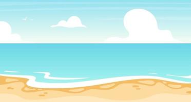 strand plat platte vectorillustratie. zomer oceaan, zee landschap achtergrond ontwerp. vakantieoord, eilandkustlijn. zonnig paradijs, turquoise lagune. zeegezicht cartoon achtergrond, wallpaper vector