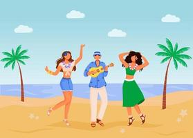 strand partij egale kleur vectorillustratie. vrouwen in zomerkleding. etnische viering. staande man die ukelele speelt 2d stripfiguren met zeestrand en palmen op de achtergrond vector