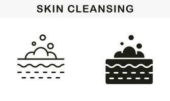 huid kunstmatig procedure symbool verzameling. room, gel, shampoo, mousse Aan gezicht, lichaam huid pictogram. schuim bubbel Aan huid voor diep reiniging lijn en silhouet icoon set. geïsoleerd vector illustratie.