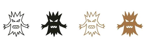 spookachtig boom met griezelig gezicht lijn en silhouet icoon set. eng monster boom met Afdeling hand- pictogram. halloween decoratie zwart en kleur symbolen. geïsoleerd vector illustratie.