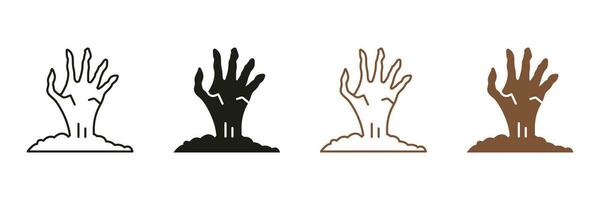 zombies hand- halloween decoraties pictogram set. dood Mens hand- plakken uit grond lijn en silhouet pictogrammen. eng monsters benig arm zwart en kleur symbool verzameling. geïsoleerd vector illustratie.