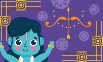 gelukkig dussehra festival van india, lord rama cartoon boog pijl paarse achtergrond traditioneel vector