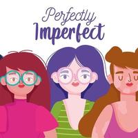 perfect imperfecte, tekenfilmgroep vrouwen met huidpigmentatie en dermatologische ziekte vector