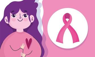 borstkanker bewustzijn maand, cartoon vrouw lint en hart vector