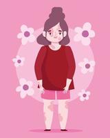 perfect onvolmaakt, cartoon mooie vrouw met vitiligo van de huid, bloemen roze achtergrond vector