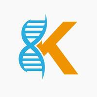 brief k dna logo ontwerp concept met dna cel icoon. Gezondheid zorg symbool vector