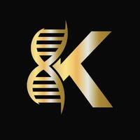 brief k dna logo ontwerp concept met dna cel icoon. Gezondheid zorg symbool vector