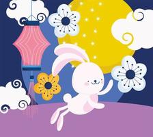 gelukkig midden herfstfestival, schattig konijn Chinese lantaarn bloemen maandecoratie, zegeningen en geluk vector