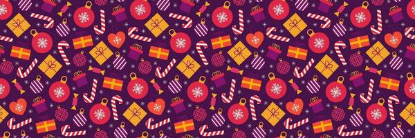 Kerstmis naadloos patroon met Kerstmis boom, speelgoed, geschenken, en sneeuwvlokken. vector feestelijk achtergrond