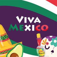 mexicaanse onafhankelijkheidsdag, avocadoschedel en tequila, viva mexico wordt gevierd op september vector