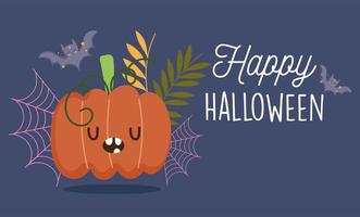 happy halloween, grappige pompoen vleermuizen gebladerte trick or treat feestviering vector