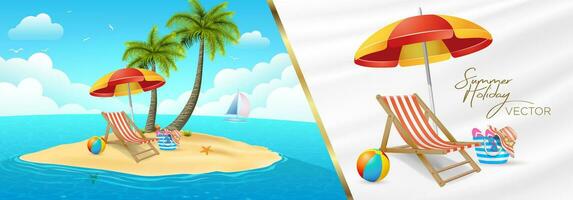 zomer vakantie toerisme thema palm zon ligstoel strand bal zak hoed bril slippers paraplu achtergrond zeegezicht lucht wolken illustrator vector