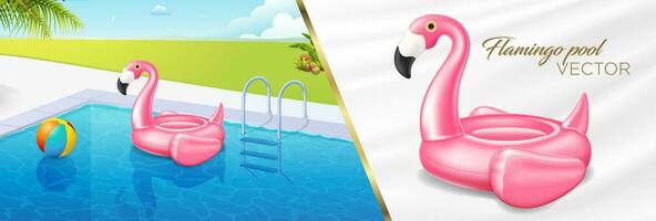 vector realistisch 3d roze flamingo, zwembad, strand bal, tropisch vogel vorm opblaasbaar zwemmen zwembad ring, buis, vlot. zomer vakantie vakantie rubber object, reis, strand oceaan illustratie