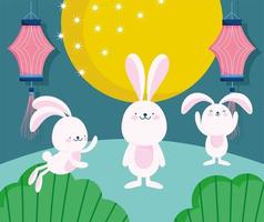 gelukkig midden herfstfestival, schattige konijnen volle maan lantaarns natuur, zegeningen en geluk vector