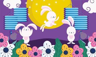 gelukkig midden herfstfestival, schattige konijntjes lantaarns maan bloemen cartoon traditioneel, zegeningen en geluk vector
