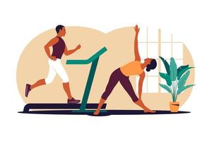 actief paar die oefening doen. man en vrouw trainen samen thuis. sporten in een gezellig interieur. vectorillustratie. vlak. vector